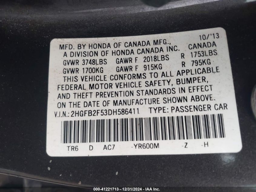 VIN 2HGFB2F53DH586411 2013 HONDA CIVIC no.9