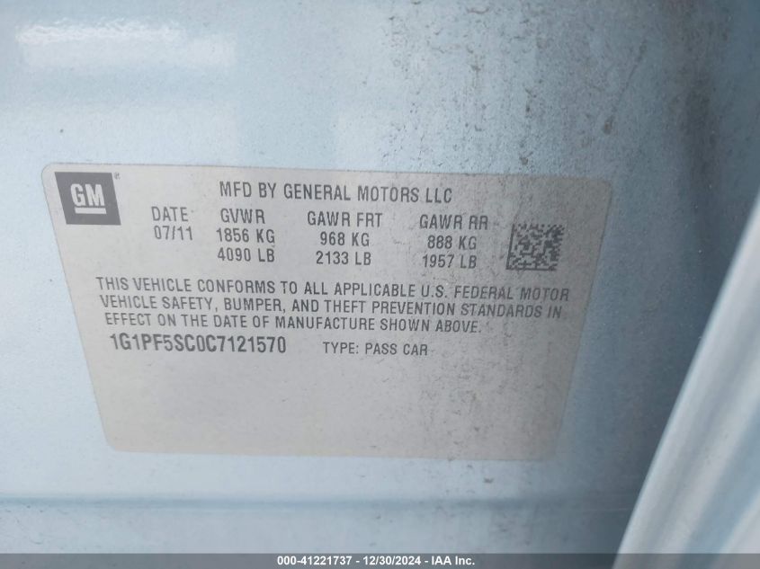 2012 Chevrolet Cruze 1Lt VIN: 1G1PF5SC0C7121570 Lot: 41221737