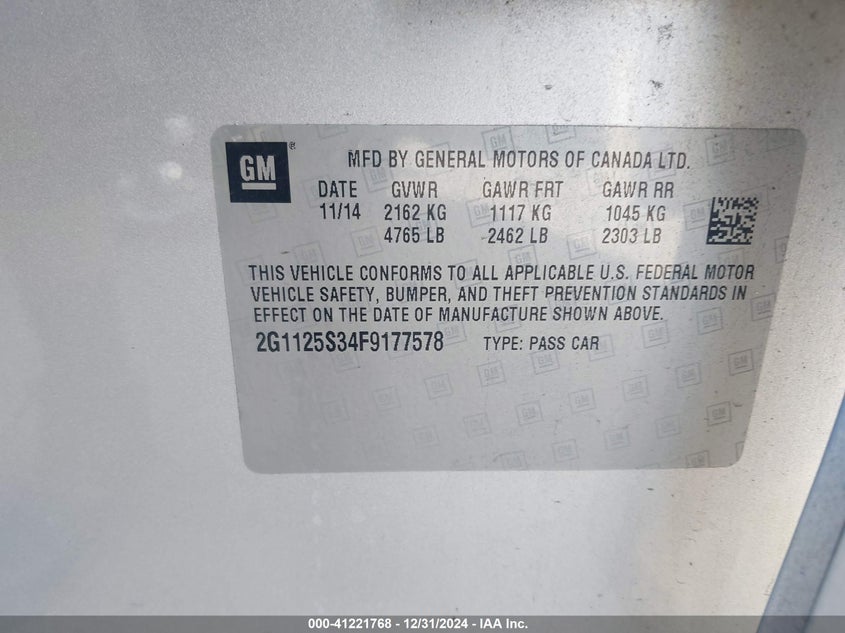 2015 CHEVROLET IMPALA VIN: 2G1125S34F9177578