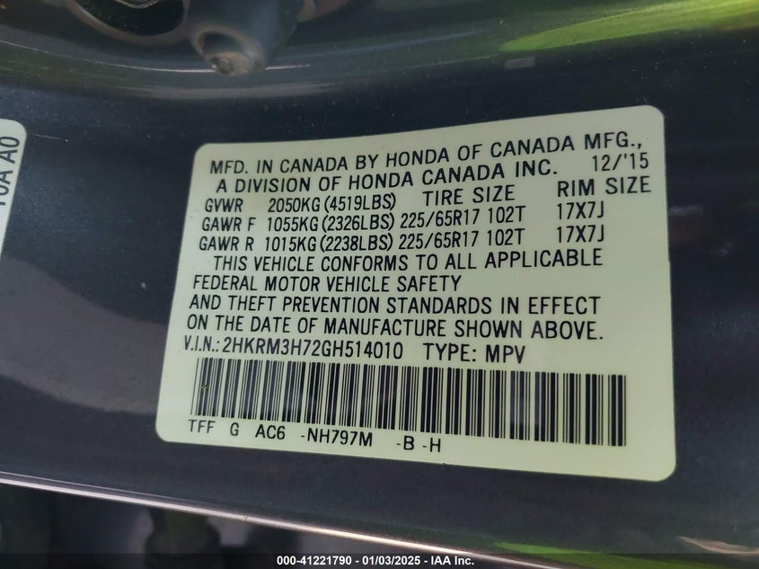 2016 HONDA CR-V EX-L - 2HKRM3H72GH514010