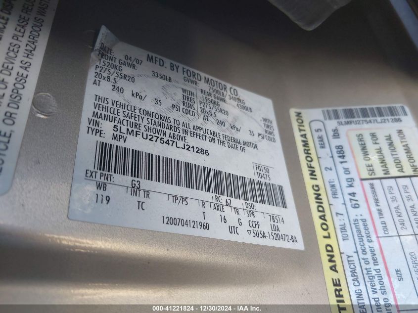 2007 Lincoln Navigator Ultimate VIN: 5LMFU27547LJ21286 Lot: 41221824