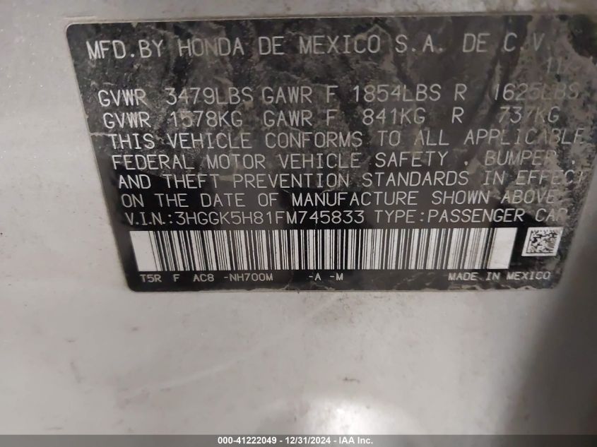 VIN 3HGGK5H81FM745833 2015 Honda Fit, Ex/Ex-L no.9