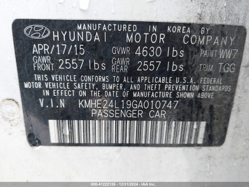 VIN KMHE24L19GA010747 2016 Hyundai Sonata, Hybrid SE no.9