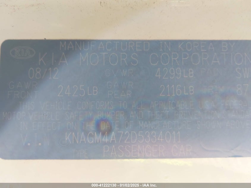 2013 KIA OPTIMA VIN: KNAGM4A72D5334011
