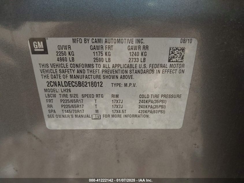 2011 Chevrolet Equinox 1Lt VIN: 2CNALDEC5B6218012 Lot: 41222142