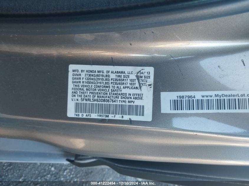 VIN 5FNRL5H63DB067641 2013 Honda Odyssey, Ex-L no.9