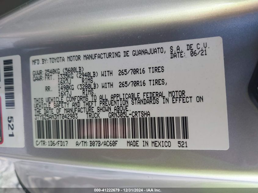 VIN 3TYSZ5AN3MT042983 2021 Toyota Tacoma, Trd Off-Road no.9