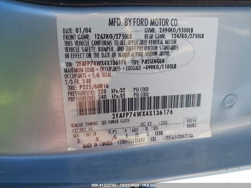 2004 Ford Crown Victoria Lx VIN: 2FAFP74WX4X136176 Lot: 41222752