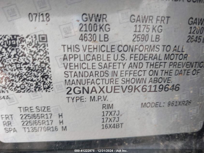 VIN 2GNAXUEV9K6119646 2019 CHEVROLET EQUINOX no.9