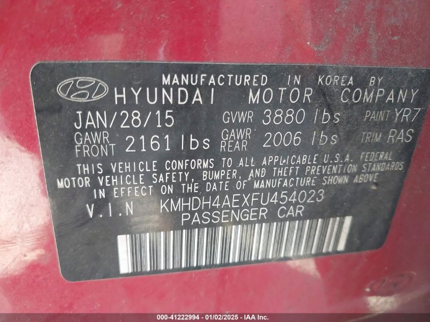 VIN KMHDH4AEXFU454023 2015 Hyundai Elantra, Limited no.9