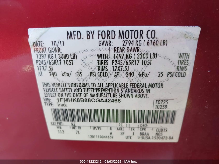 2012 FORD EXPLORER VIN: 1FMHK8B88CGA42468