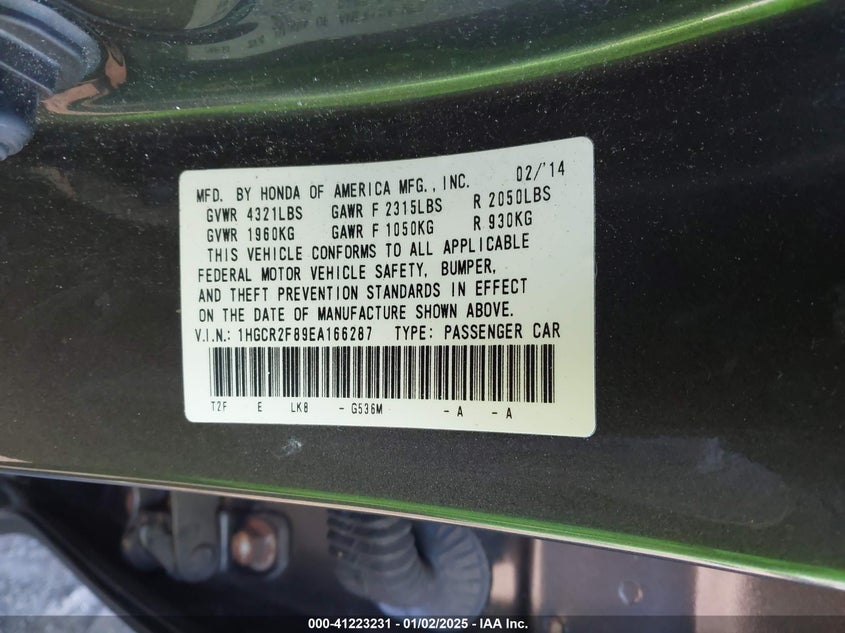 2014 HONDA ACCORD VIN: 1HGCR2F89EA166287