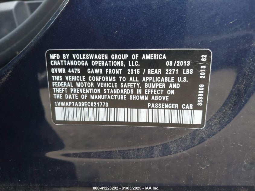 VIN 1VWAP7A39EC021773 2014 Volkswagen Passat, 2.5L S no.9