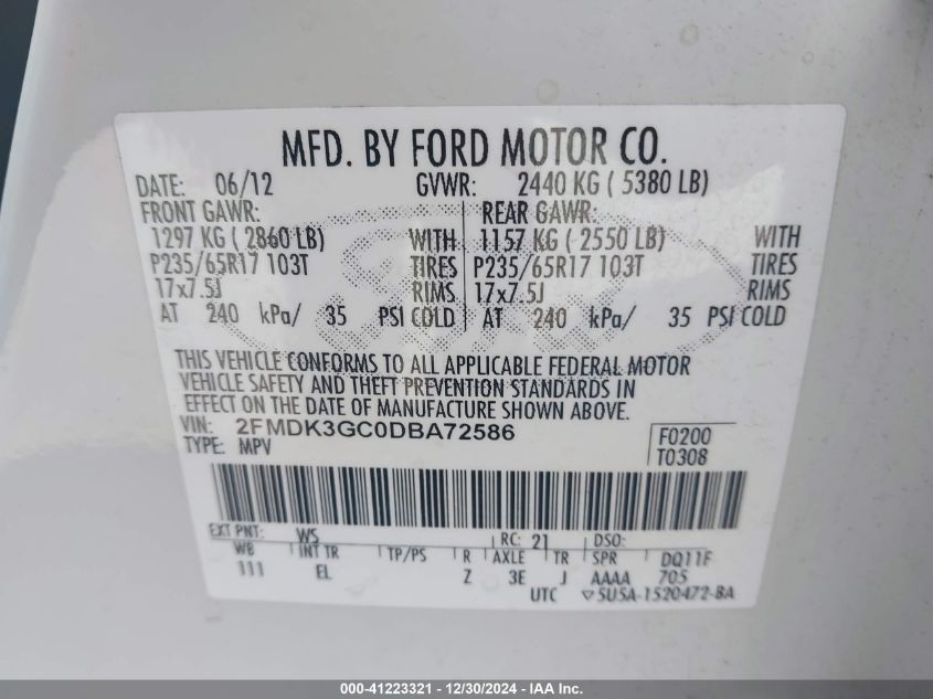 VIN 2FMDK3GC0DBA72586 2013 FORD EDGE no.9