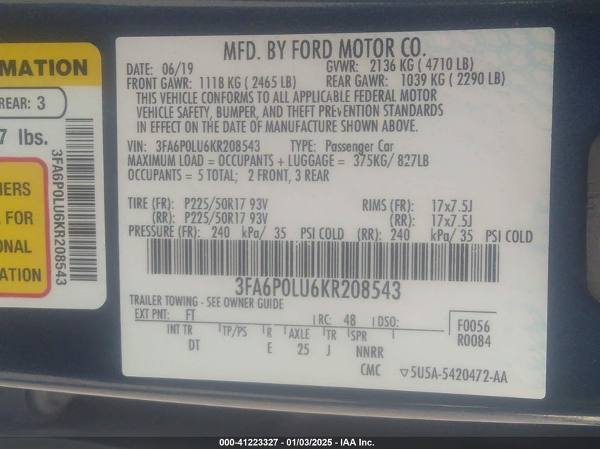 2019 FORD FUSION HYBRID VIN: 3FA6P0LU6KR208543