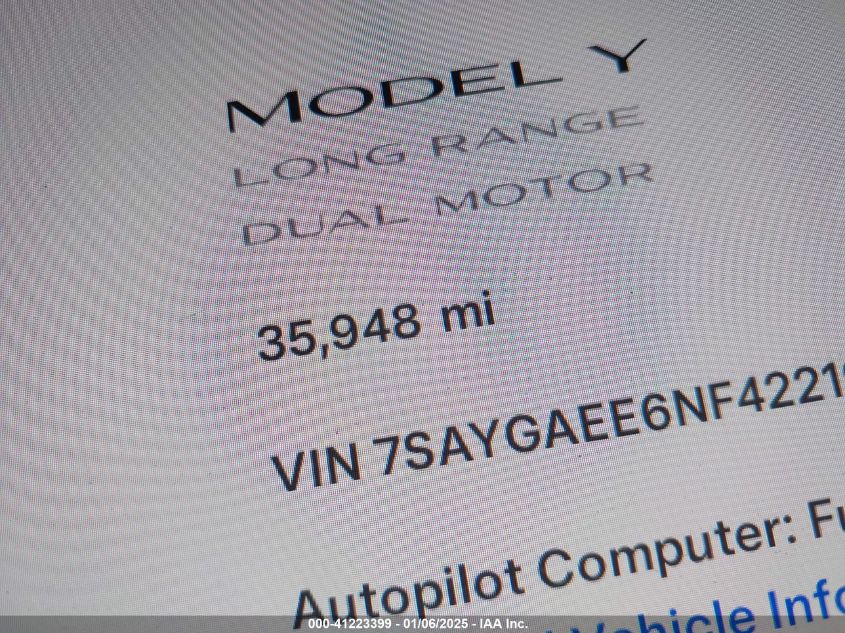 VIN 7SAYGAEE6NF422195 2022 TESLA MODEL Y no.15