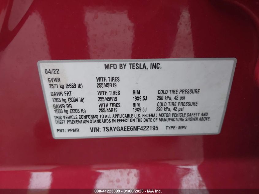 VIN 7SAYGAEE6NF422195 2022 TESLA MODEL Y no.9