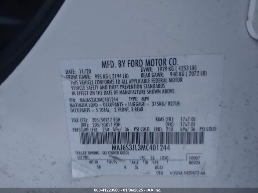 2021 Ford Ecosport Ses VIN: MAJ6S3JL3MC401244 Lot: 41223580