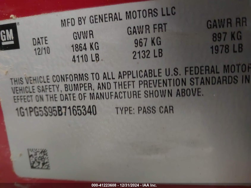 2011 CHEVROLET CRUZE VIN: 1G1PG5S95B7165340