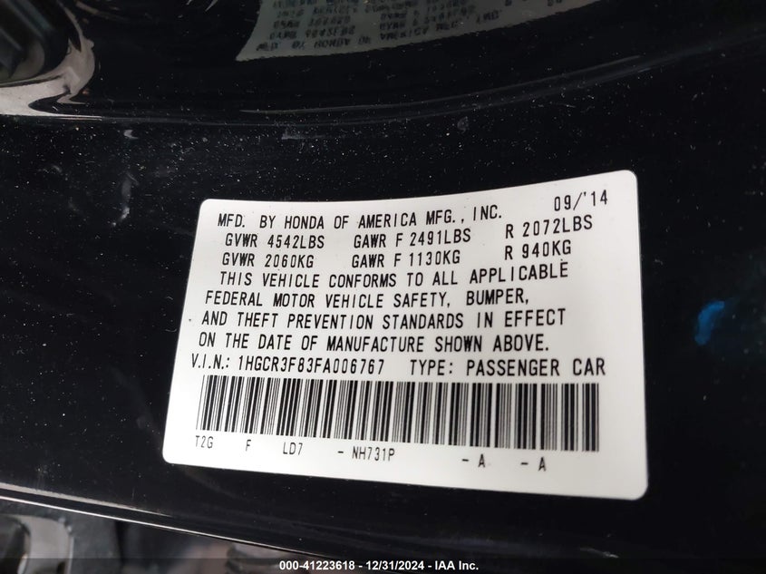 2015 HONDA ACCORD VIN: 1HGCR3F83FA006767