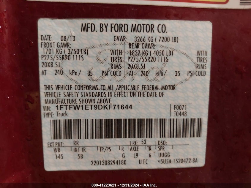 2013 FORD F-150 VIN: 1FTFW1ET9DKF71644