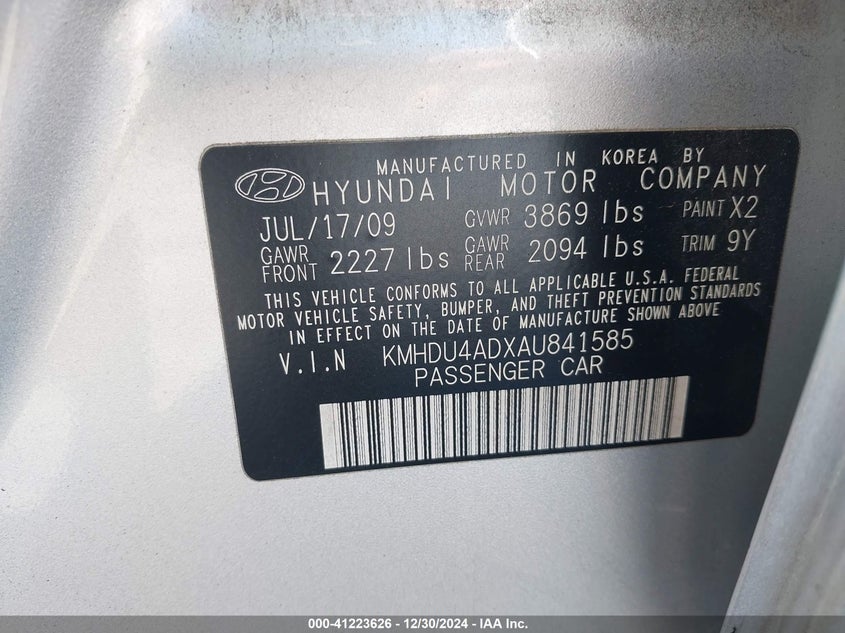 2010 HYUNDAI ELANTRA VIN: KMHDU4ADXAU841585