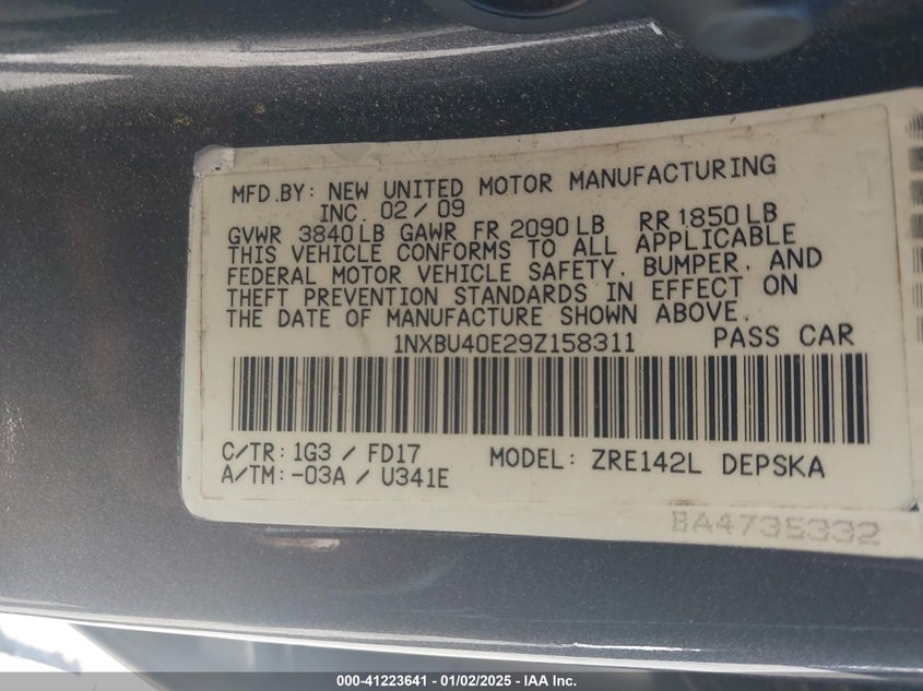 2009 TOYOTA COROLLA VIN: 1NXBU40E29Z158311