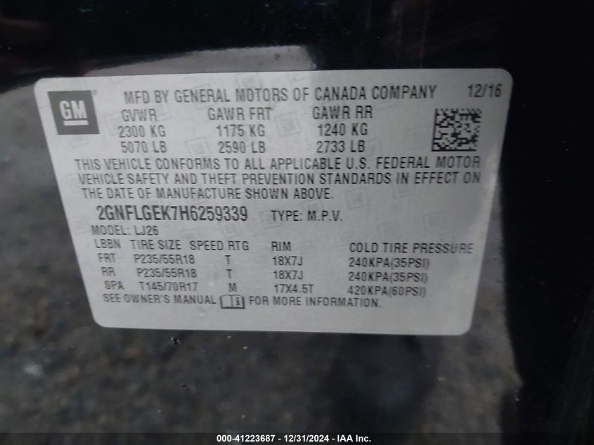 VIN 2GNFLGEK7H6259339 2017 CHEVROLET EQUINOX no.9