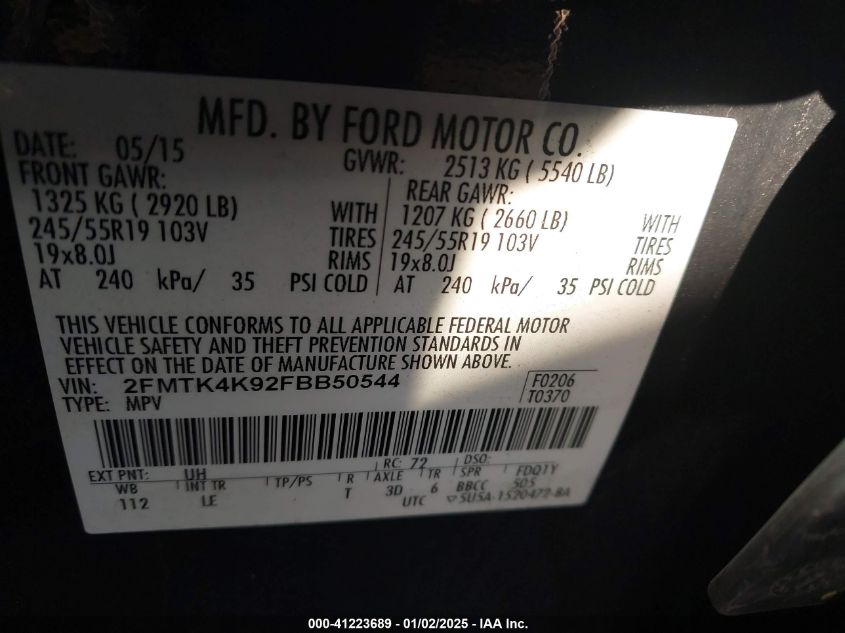 VIN 2FMTK4K92FBB50544 2015 FORD EDGE no.9