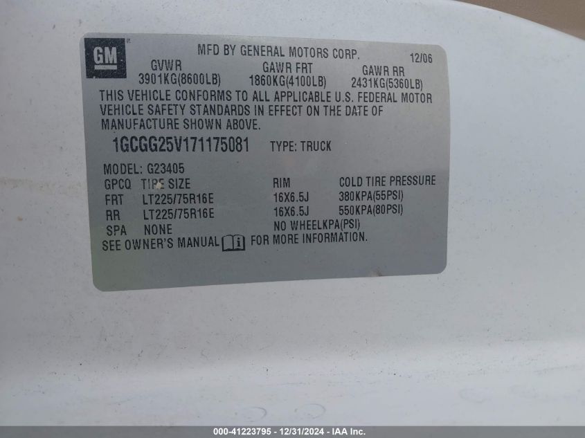 2007 Chevrolet Express Work Van VIN: 1GCGG25V171175081 Lot: 41223795