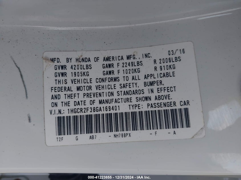 2016 HONDA ACCORD VIN: 1HGCR2F38GA169401