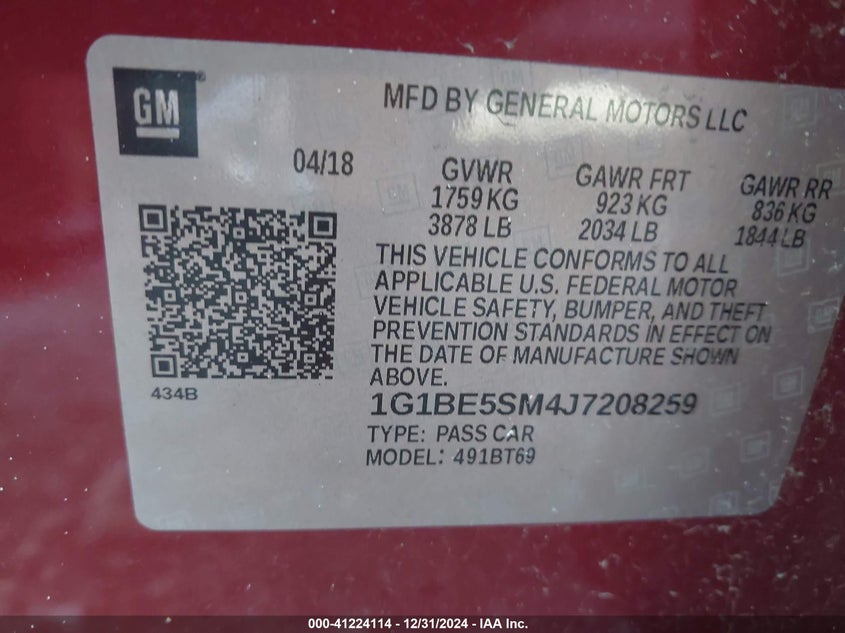 2018 CHEVROLET CRUZE VIN: 1G1BE5SM4J7208259