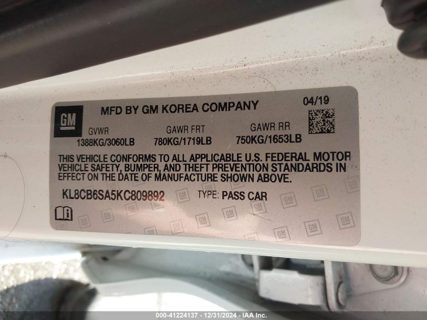 2019 Chevrolet Spark Ls Cvt VIN: KL8CB6SA5KC809892 Lot: 41224137