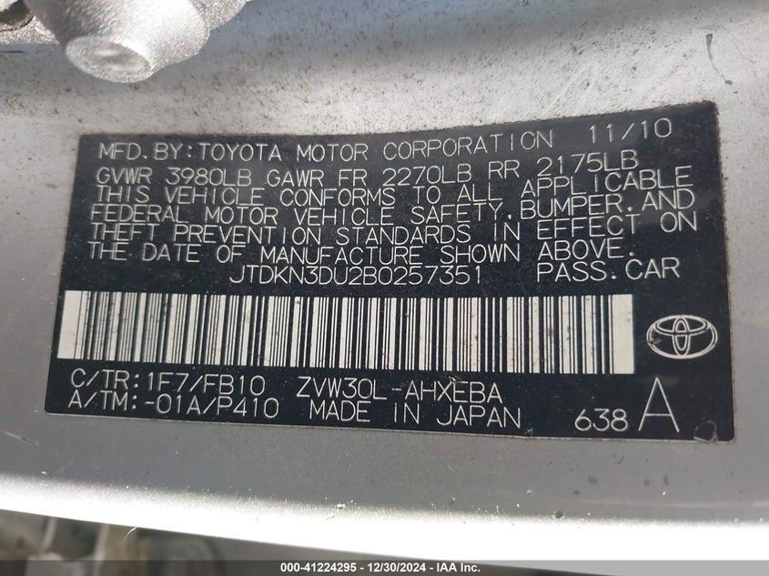 2011 TOYOTA PRIUS VIN: JTDKN3DU2B0257351
