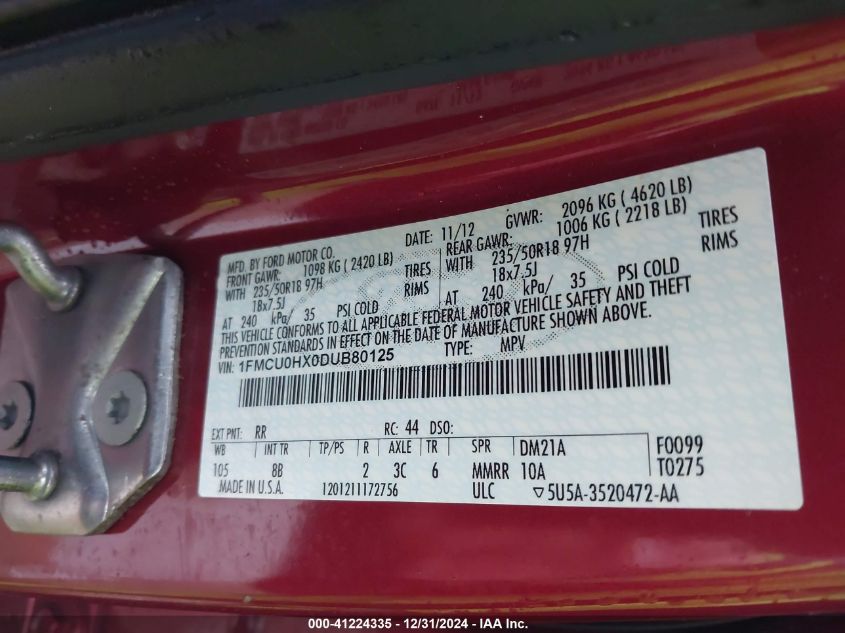 VIN 1FMCU0HX0DUB80125 2013 Ford Escape, Sel no.9