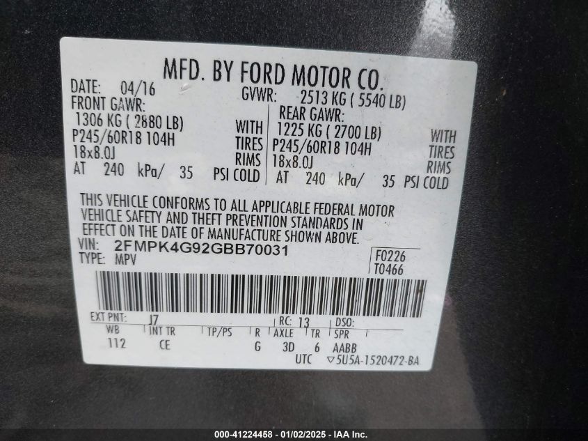 VIN 2FMPK4G92GBB70031 2016 Ford Edge, SE no.9