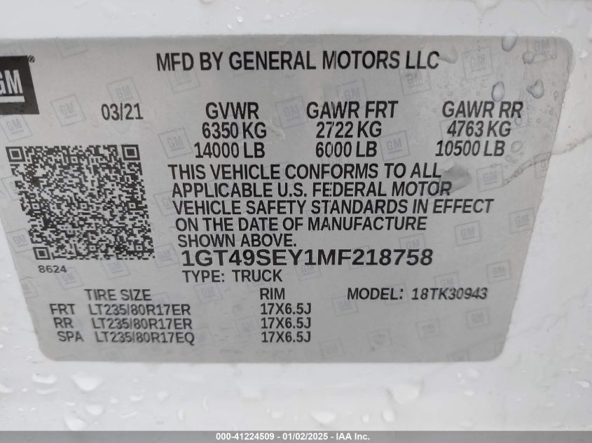 2021 GMC Sierra 3500Hd 4Wd Long Bed VIN: 1GT49SEY1MF218758 Lot: 41224509