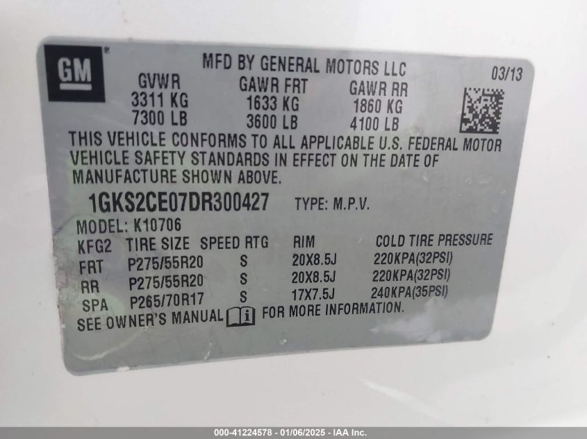 VIN 1GKS2CE07DR300427 2013 GMC Yukon, Slt no.9