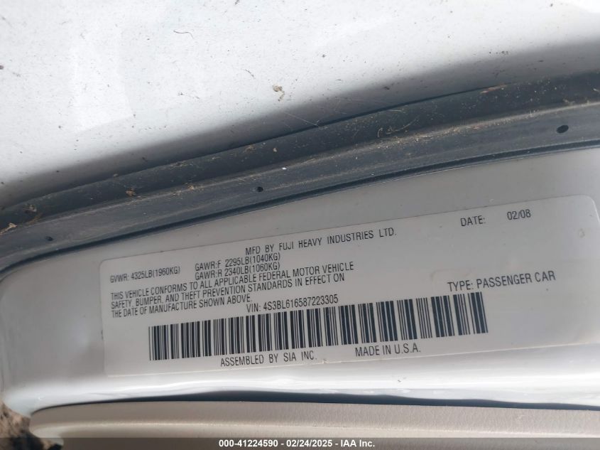 2008 Subaru Legacy 2.5I VIN: 4S3BL616587223305 Lot: 41224590
