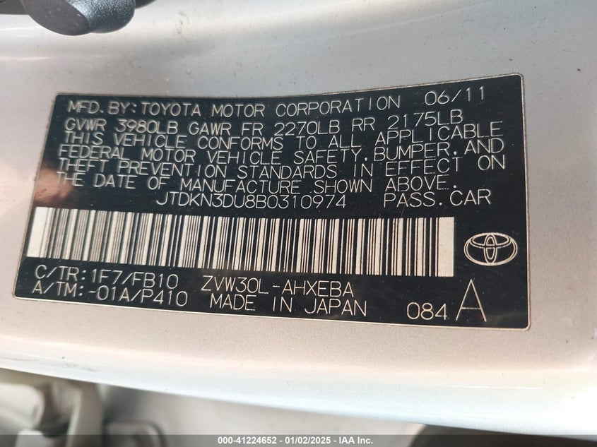 2011 TOYOTA PRIUS VIN: JTDKN3DU8B0310974