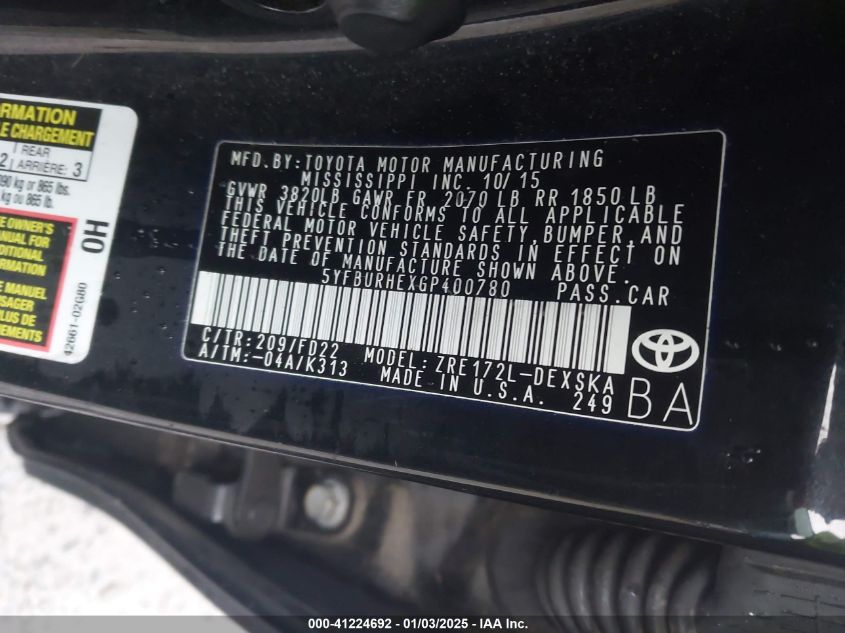 VIN 5YFBURHEXGP400780 2016 Toyota Corolla, S Plus no.9