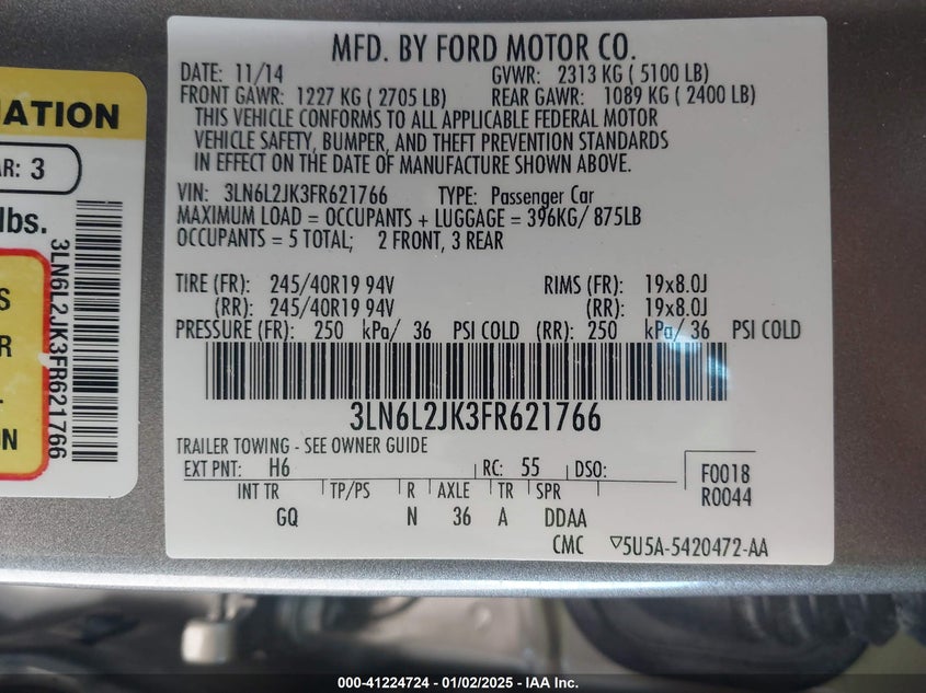 2015 LINCOLN MKZ VIN: 3LN6L2JK3FR621766