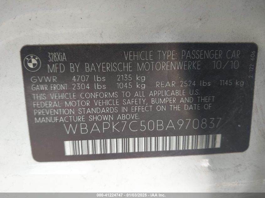 2011 BMW 328I xDrive VIN: WBAPK7C50BA970837 Lot: 41224747