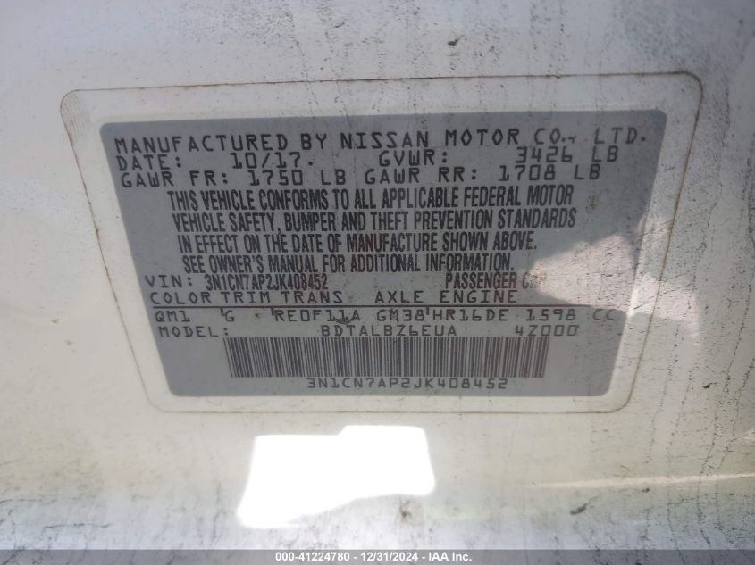 VIN 3N1CN7AP2JK408452 2018 NISSAN VERSA no.9