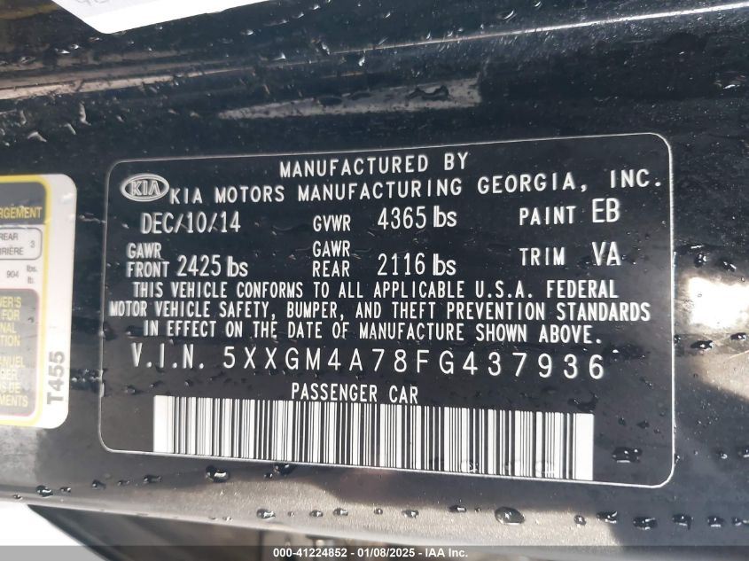 VIN 5XXGM4A78FG437936 2015 KIA Optima, LX no.9