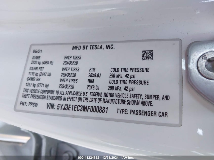 2021 TESLA MODEL 3 VIN: 5YJ3E1EC3MF000881