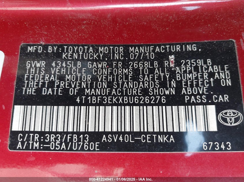2011 TOYOTA CAMRY VIN: 4T1BF3EKXBU626276