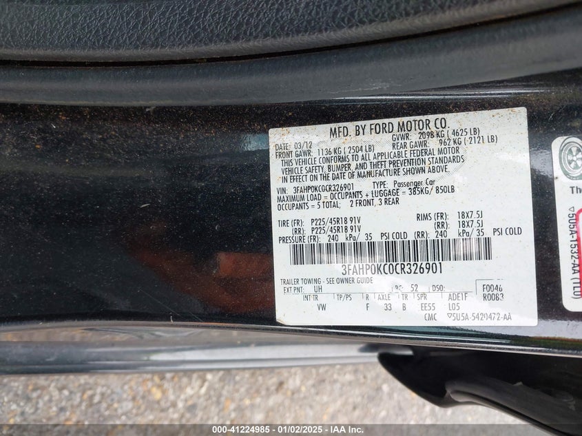 2012 FORD FUSION VIN: 3FAHP0KC0CR326901