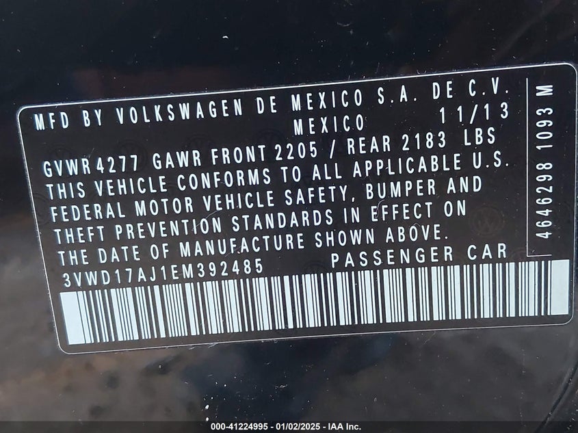 2014 VOLKSWAGEN JETTA VIN: 3VWD17AJ1EM392485