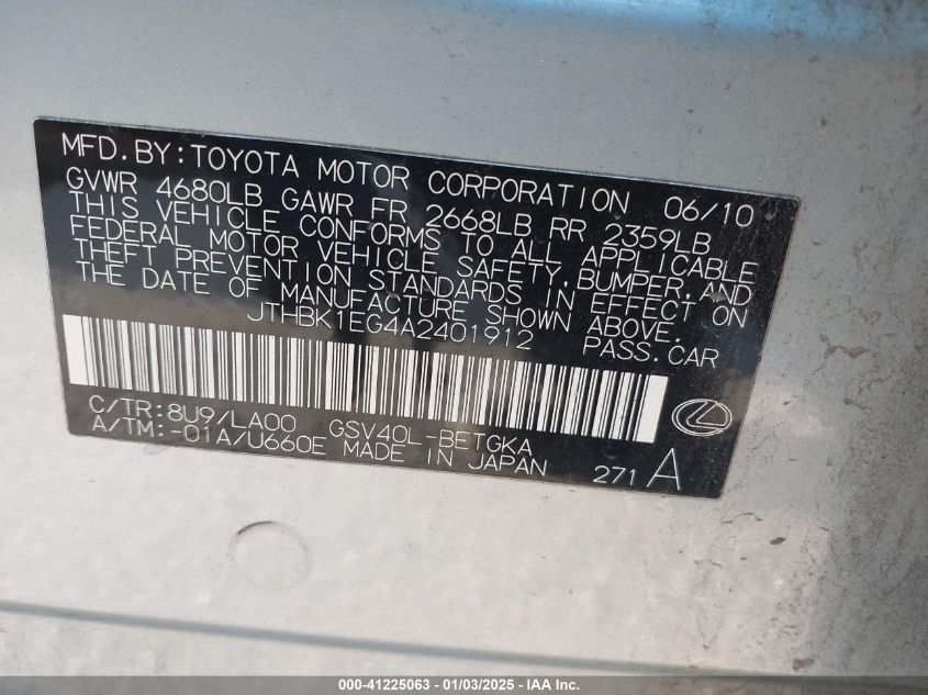 2010 Lexus Es 350 VIN: 401912 Lot: 41225063